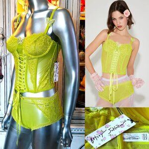 Betsey Johnson Laceup Corset Top Boy Short Panties Green Mesh Lace Butterflies M